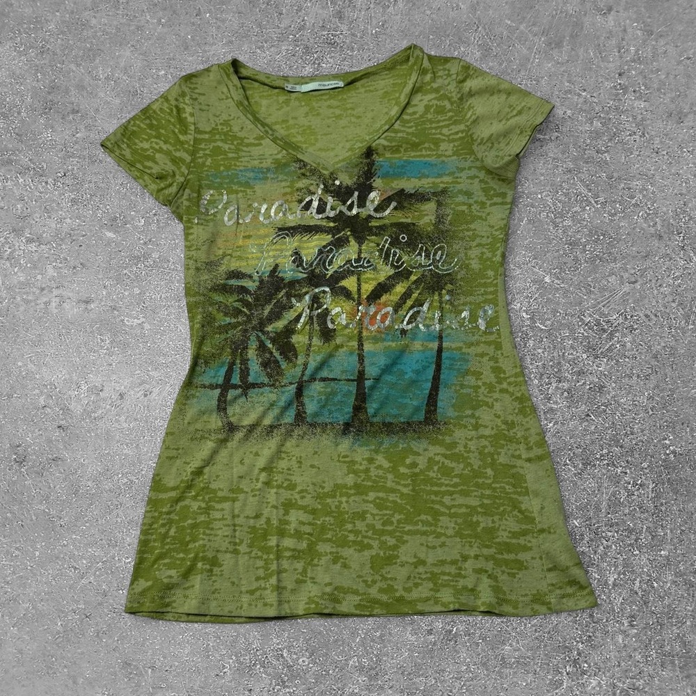 Maurices Women Green Y2K Paradise Palm Tree Graphic Burnout V-Neck Tee XS